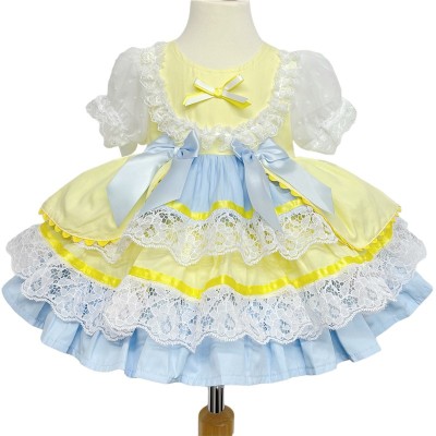 Baby Girl Yellow Blue Puff Ball Lacey Dress "2159 Yellow"