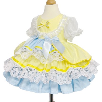 Baby Girl Yellow Blue Puff Ball Lacey Dress "2159 Yellow"