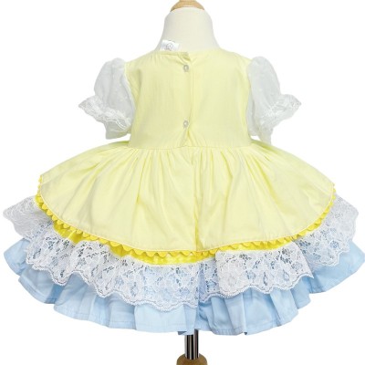Baby Girl Yellow Blue Puff Ball Lacey Dress "2159 Yellow"