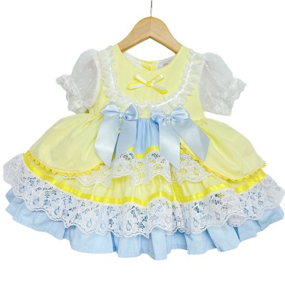 Baby Girl Yellow Blue Puff Ball Lacey Dress "2159 Yellow"