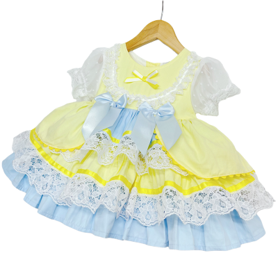 Baby Girl Yellow Blue Puff Ball Lacey Dress "2159 Yellow"