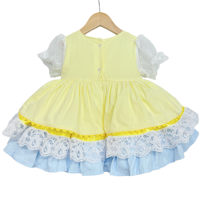 Baby Girl Yellow Blue Puff Ball Lacey Dress "2159 Yellow"