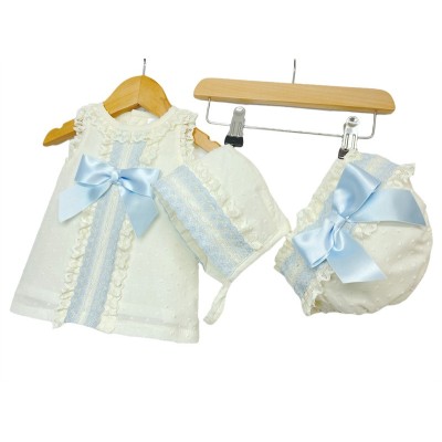 Baby Girl Cream Lacey Dress Blue Satin Bow 3 Pieces "P1554 Blue"