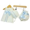 Baby Girl Cream Lacey Dress Blue Satin Bow 3 Pieces "P1554 Blue"