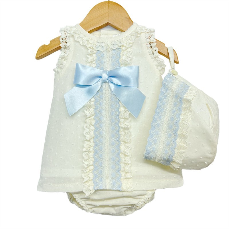 Baby Girl Cream Lacey Dress Blue Satin Bow 3 Pieces "P1554 Blue"