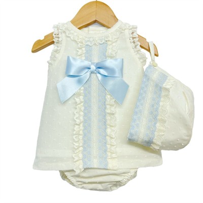 Baby Girl Cream Lacey Dress Blue Satin Bow 3 Pieces "P1554 Blue"