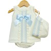 Baby Girl Cream Lacey Dress Blue Satin Bow 3 Pieces "P1554 Blue"