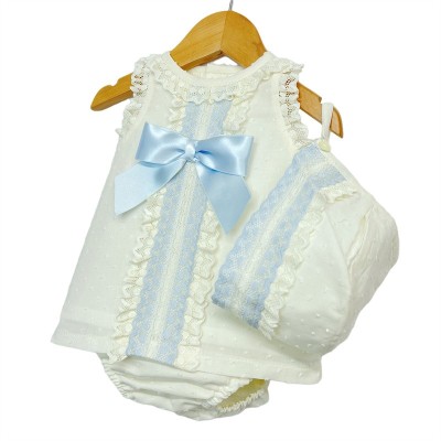 Baby Girl Cream Lacey Dress Blue Satin Bow 3 Pieces "P1554 Blue"