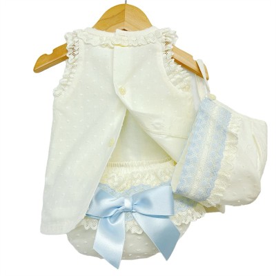 Baby Girl Cream Lacey Dress Blue Satin Bow 3 Pieces "P1554 Blue"