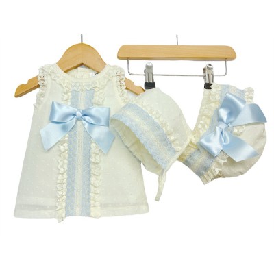 Baby Girl Cream Lacey Dress Blue Satin Bow 3 Pieces "P1554 Blue"