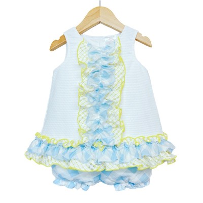 Baby Girl Waffle A Line Frilly Dress with Blue Knickers "2151 Blue"