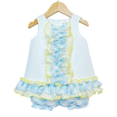 Baby Girl Waffle A Line Frilly Dress with Blue Knickers "2151 Blue"