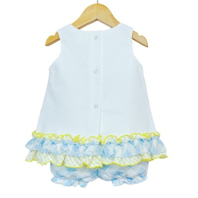 Baby Girl Waffle A Line Frilly Dress with Blue Knickers "2151 Blue"