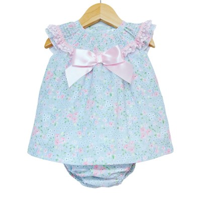 Baby Girl Blue Pink Floral Smocked Collar Dress with Pants "MYD2217 P"