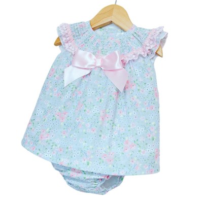Baby Girl Blue Pink Floral Smocked Collar Dress with Pants "MYD2217 P"