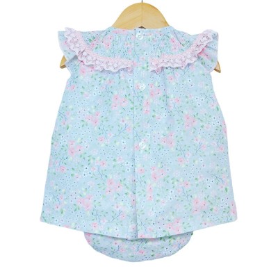 Baby Girl Blue Pink Floral Smocked Collar Dress with Pants "MYD2217 P"