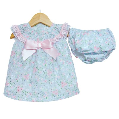 Baby Girl Blue Pink Floral Smocked Collar Dress with Pants "MYD2217 P"