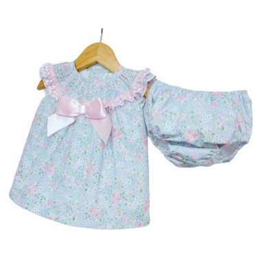 Baby Girl Blue Pink Floral Smocked Collar Dress with Pants "MYD2217 P"