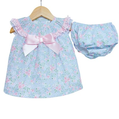 Baby Girl Blue Pink Floral Smocked Collar Dress with Pants "MYD2217 P"