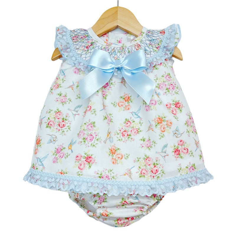 Baby Girl Blue Floral Dress Smocked Collar with Pants "MYD2217 Blue"