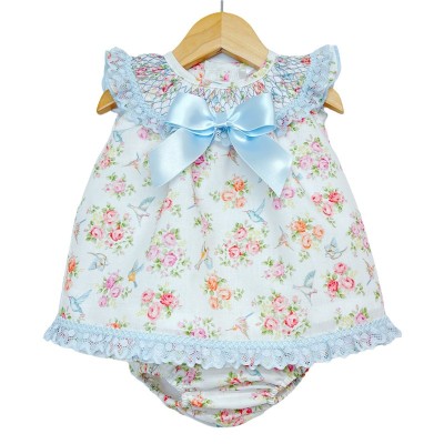 Baby Girl Blue Floral Dress Smocked Collar with Pants "MYD2217 Blue"