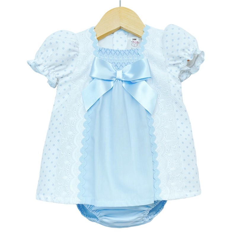 Baby Girl Blue Waffle Dress with Pants Satin Bow "MYD2202 Blue"