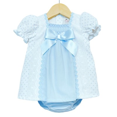 Baby Girl Blue Waffle Dress with Pants Satin Bow "MYD2202 Blue"