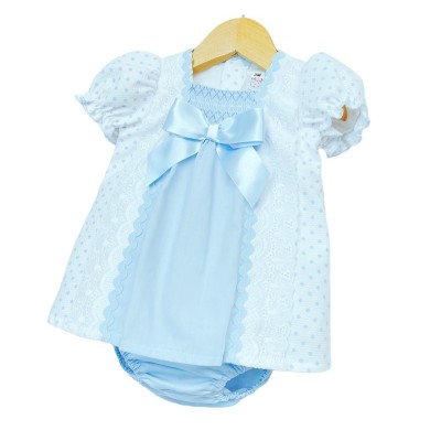 Baby Girl Blue Waffle Dress with Pants Satin Bow "MYD2202 Blue"