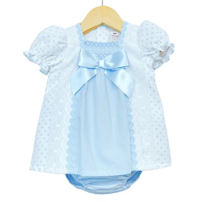 Baby Girl Blue Waffle Dress with Pants Satin Bow "MYD2202 Blue"