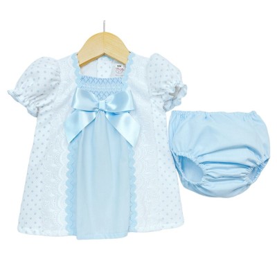 Baby Girl Blue Waffle Dress with Pants Satin Bow "MYD2202 Blue"