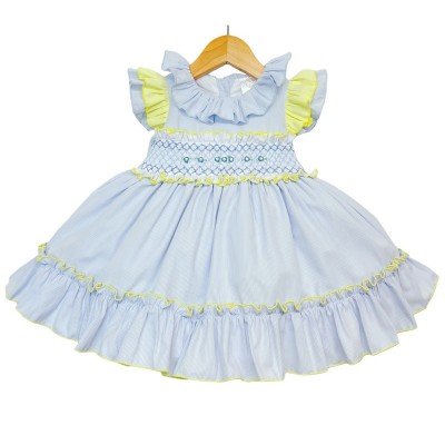 Baby Girl Blue with Yellow Hand Smocked Puff Ball Dress Knee Length "2251 Yellow"