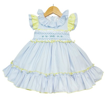 Baby Girl Blue with Yellow Hand Smocked Puff Ball Dress Knee Length "2251 Yellow"