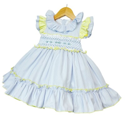 Baby Girl Blue with Yellow Hand Smocked Puff Ball Dress Knee Length "2251 Yellow"