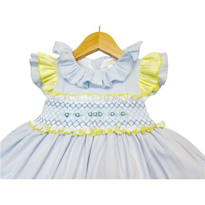 Baby Girl Blue with Yellow Hand Smocked Puff Ball Dress Knee Length "2251 Yellow"