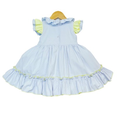 Baby Girl Blue with Yellow Hand Smocked Puff Ball Dress Knee Length "2251 Yellow"