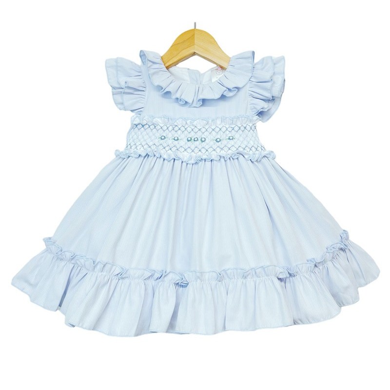Baby Girl Blue Hand Smocked Puff Ball Dress Knee Length "2251 Blue"