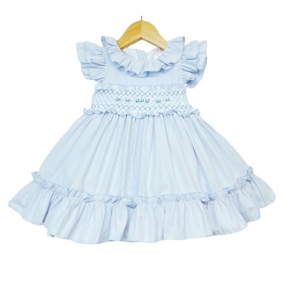 Baby Girl Blue Hand Smocked Puff Ball Dress Knee Length "2251 Blue"