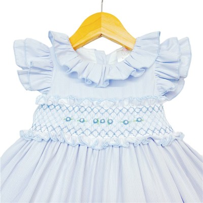 Baby Girl Blue Hand Smocked Puff Ball Dress Knee Length "2251 Blue"