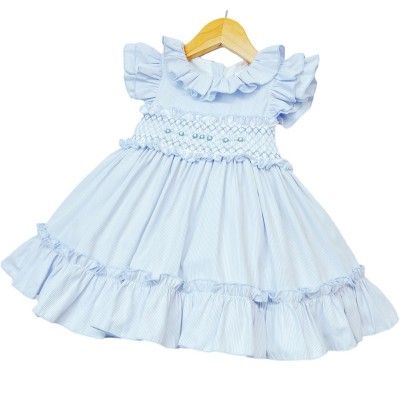 Baby Girl Blue Hand Smocked Puff Ball Dress Knee Length "2251 Blue"