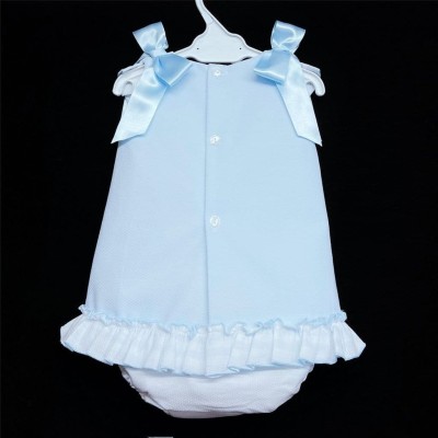 Baby Girl Blue Waffle A Line Dress Pants Set with Shoulder Bow "MYD308B"