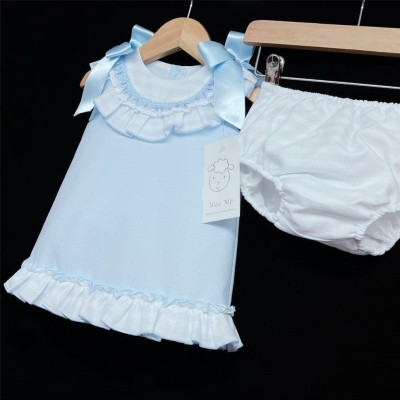 Baby Girl Blue Waffle A Line Dress Pants Set with Shoulder Bow "MYD308B"