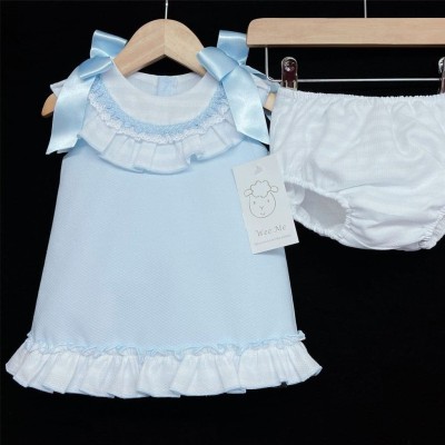 Baby Girl Blue Waffle A Line Dress Pants Set with Shoulder Bow "MYD308B"