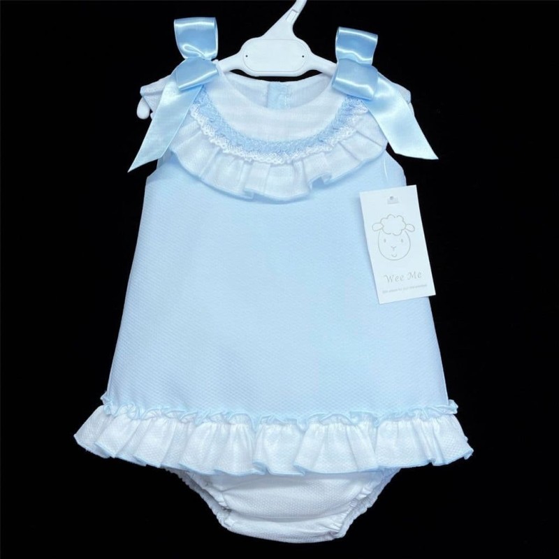 Baby Girl Blue Waffle A Line Dress Pants Set with Shoulder Bow "MYD308B"