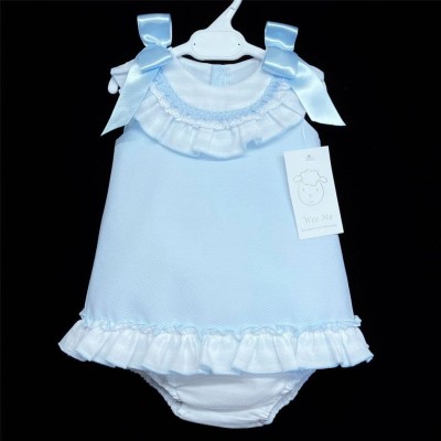 Baby Girl Blue Waffle A Line Dress Pants Set with Shoulder Bow "MYD308B"