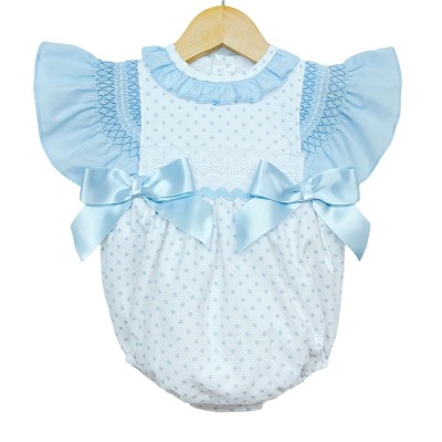 Baby Girl Spotty Waffle Romper Frilly Shoulder Smocked Detail "MYD2201B"