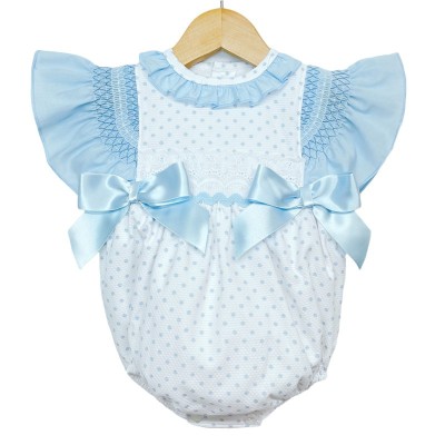 Baby Girl Spotty Waffle Romper Frilly Shoulder Smocked Detail "MYD2201B"