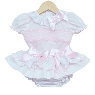 Baby Girl Pink Floral Waffle Frilly Skirt Smocked Shirt "MYD2241P"