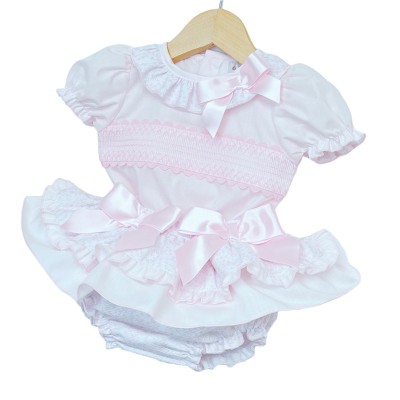 Baby Girl Pink Floral Waffle Frilly Skirt Smocked Shirt "MYD2241P"