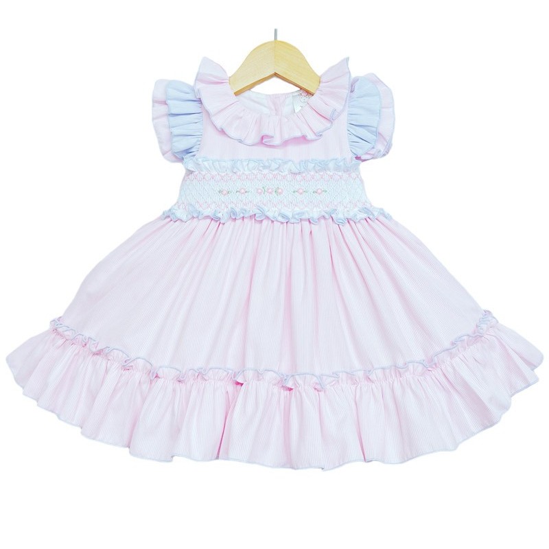 Baby Girl Pink with Blue Detail Smocked Puff Ball Dress "2252 P"