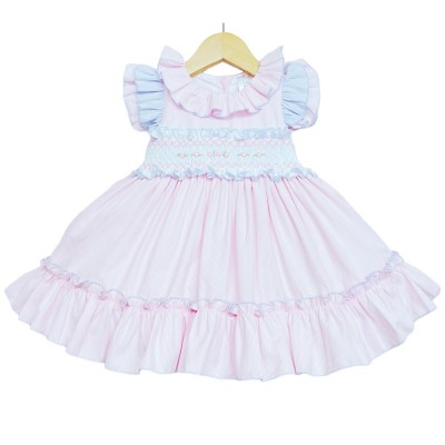 Baby Girl Pink with Blue Detail Smocked Puff Ball Dress "2252 P"